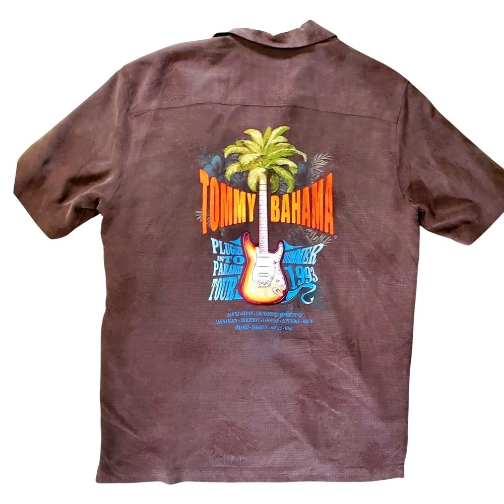 Vintage Tommy Bahama Men's Brown Silk Plugged Into Paradise Tour 1993 Shirt M